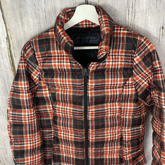 Eddie Bauer Cirruslite Down Jacket Red & Orange Plaid Lightweight Medium - Picture 2 of 8